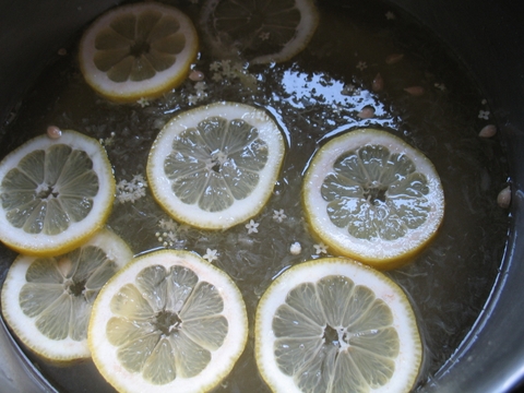 liquid ingredients for elderflower wine - lemon, vinegar, sugar, water